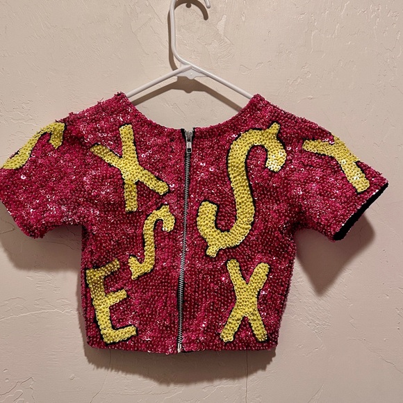 “$EX” Discount Universe Women's Pink and Yellow Sequin Crop Shirt - Picture 2 of 6